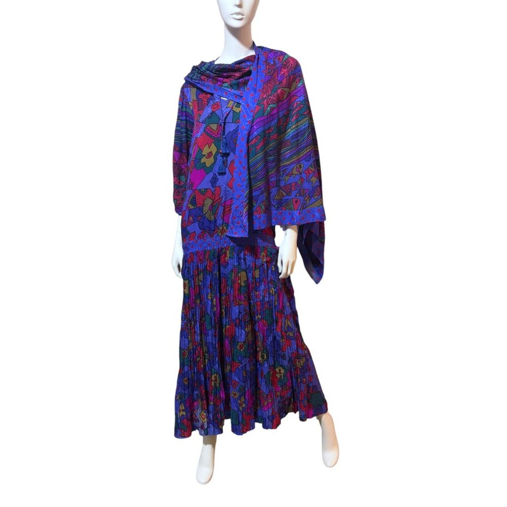 VTG 80s Diane Freis Silk Dress L Georgette Scarf Southwestern Fish 100% Silk